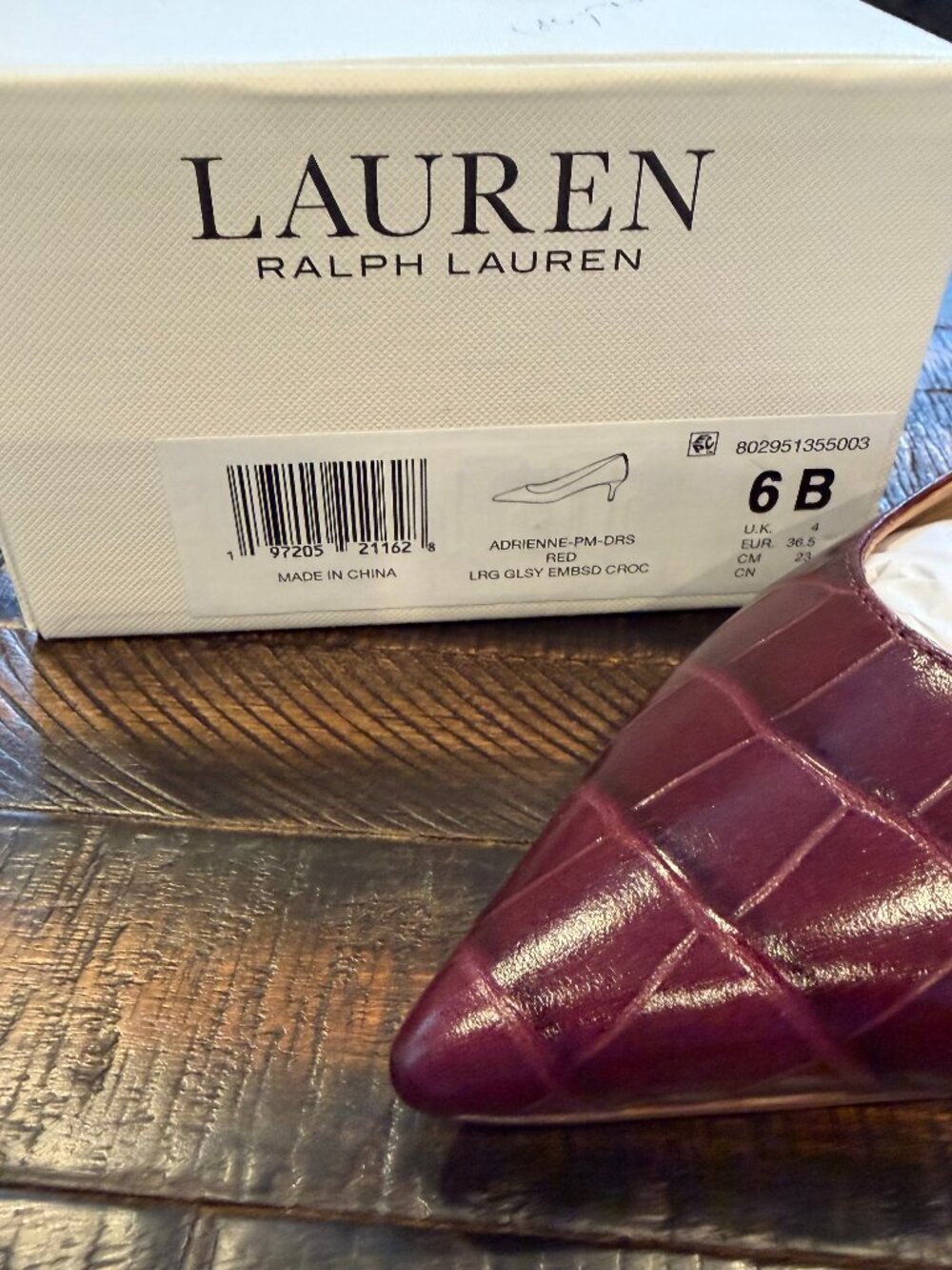 Ralph Lauren Adrienne Crocodile-Embossed Leather Pump Burgundy/Pinot Noir Sz 6